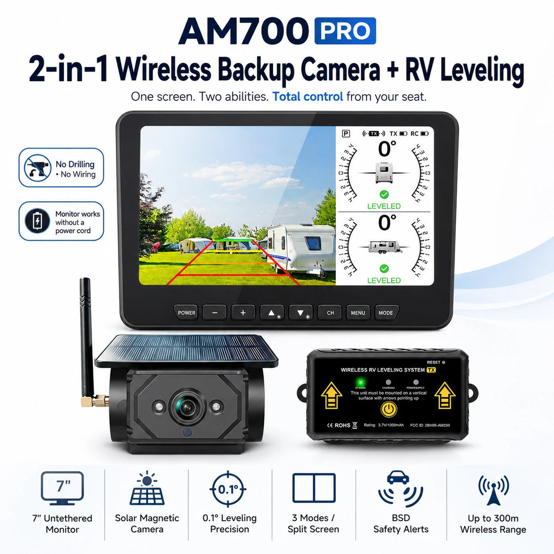 AM700 PRO 2-in-1 Magnetic Solar RV Backup Camera & Wireless Leveling System