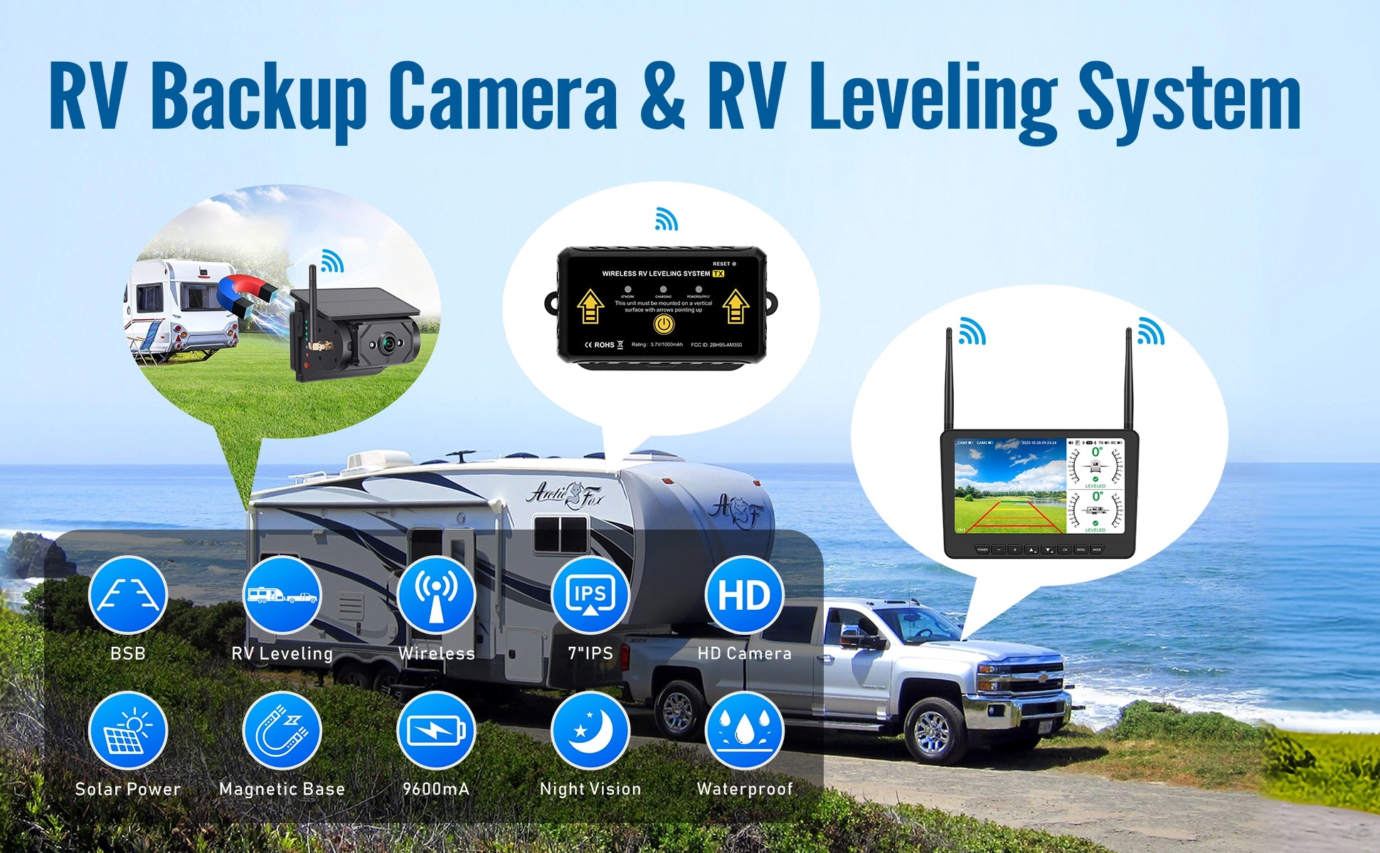 AM700 PRO 2-in-1 Magnetic Solar RV Backup Camera & Wireless Leveling System