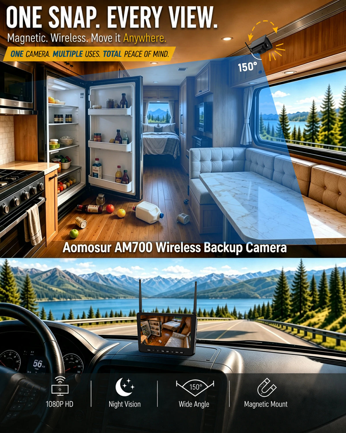 AM700 Magnetic Solar RV Backup Camera System – 7-Inch Wireless Monitor