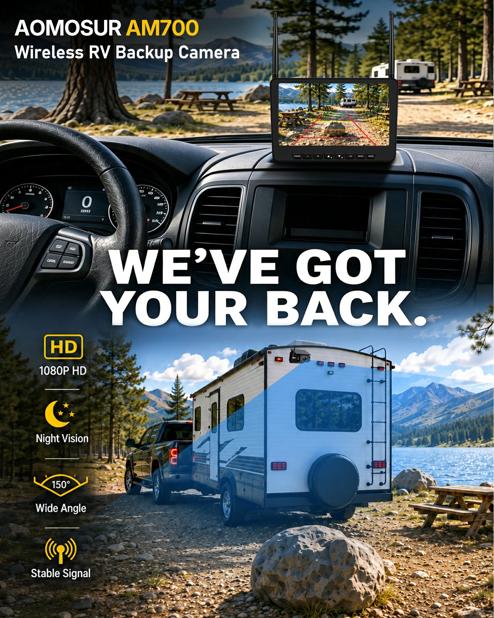 AM700 Magnetic Solar RV Backup Camera System – 7-Inch Wireless Monitor