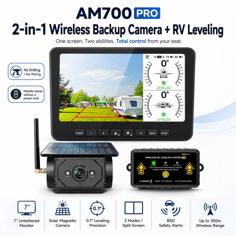 AM700 PRO 2-in-1 Magnetic Solar RV Backup Camera & Wireless Leveling System