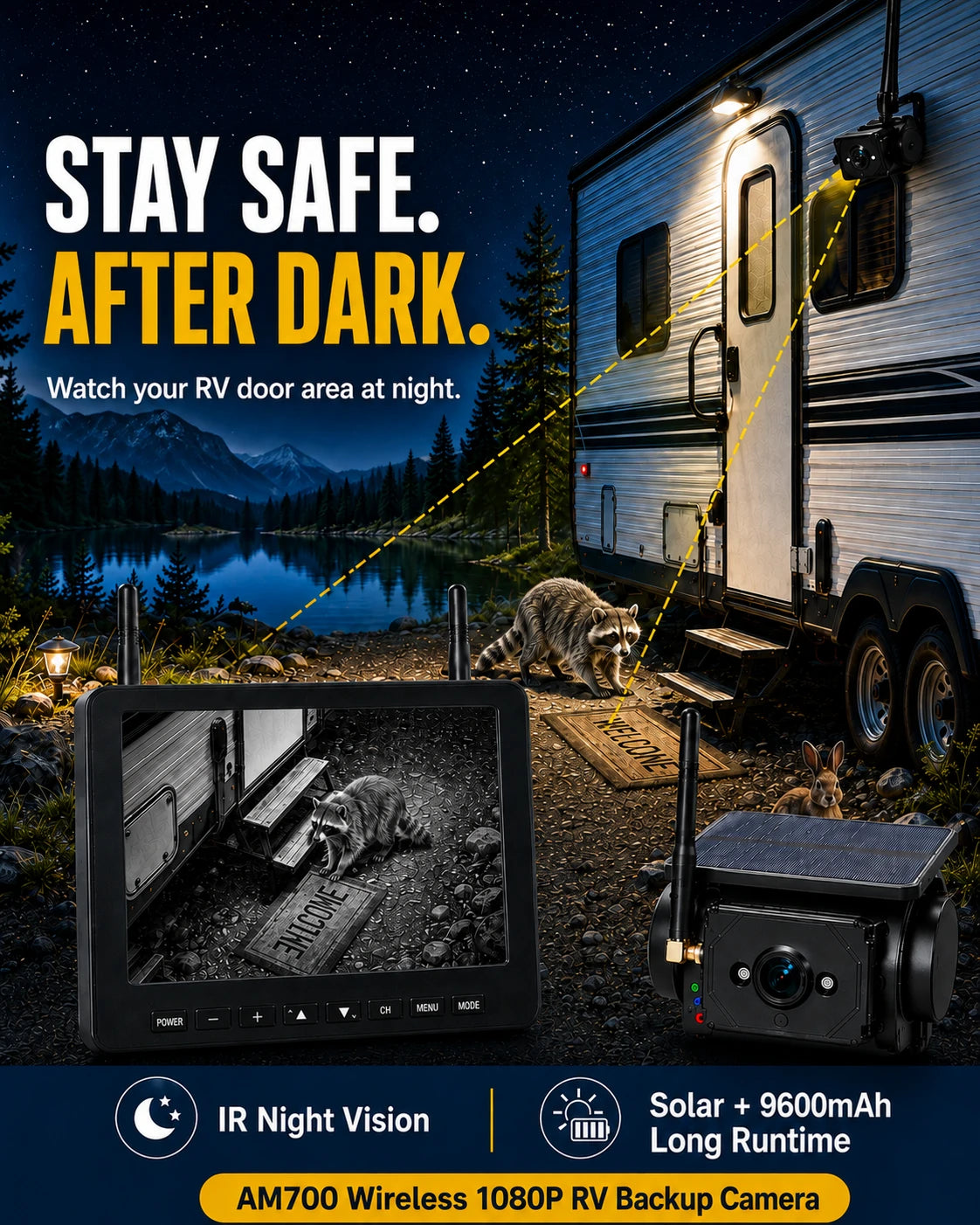 AM700 Magnetic Solar RV Backup Camera System – 7-Inch Wireless Monitor