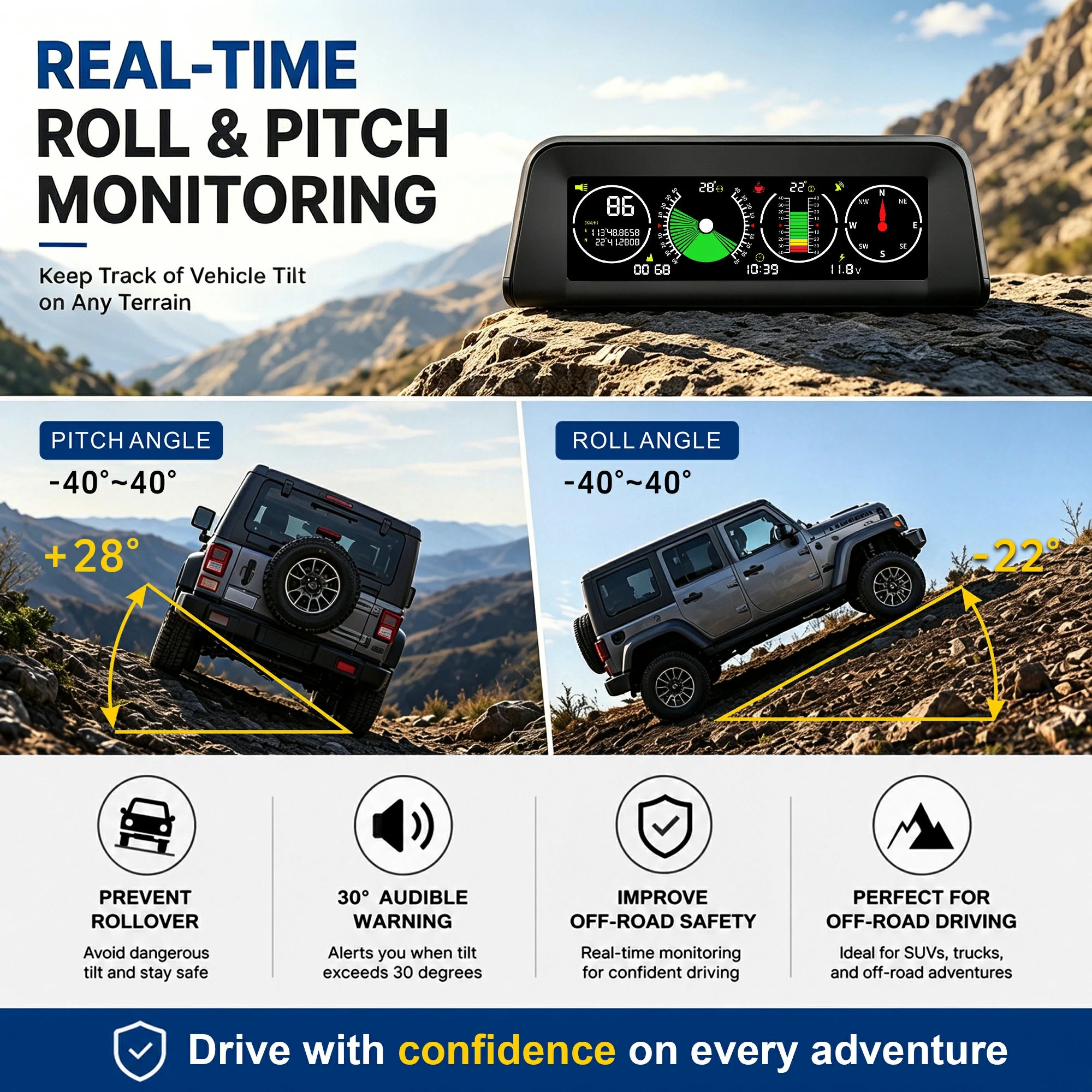 X90 Off-Road Inclinometer – GPS Speed, Pitch & Roll Angle Display for 4×4 Off-Road Vehicles