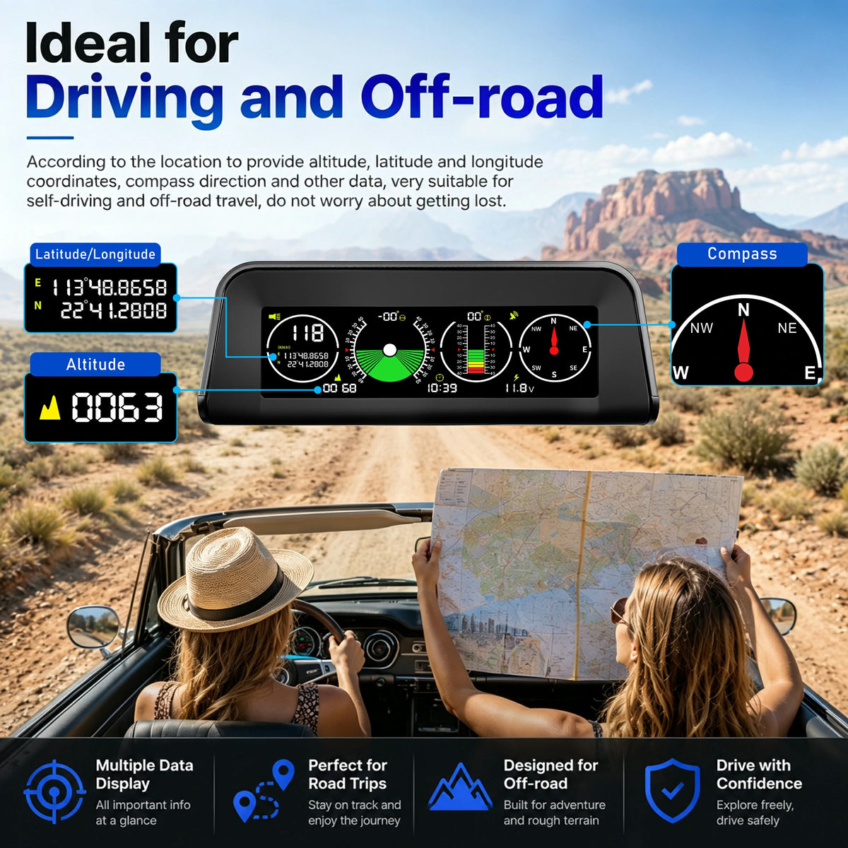 X90 Off-Road Inclinometer – GPS Speed, Pitch & Roll Angle Display for 4×4 Off-Road Vehicles
